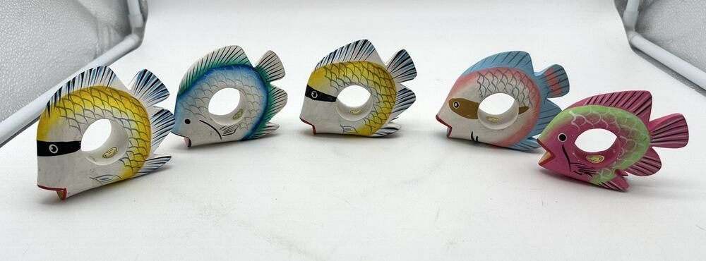 VTG Set of 5 Wooden Hand Painted Tropical Fish Napkin Holders Colorful Philipine